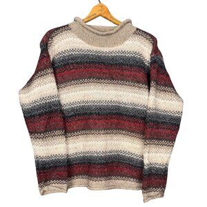 Vintage 90s Cabincore Knit Sweater, Cozy Striped Wool Blend, Earth Tone Pullover